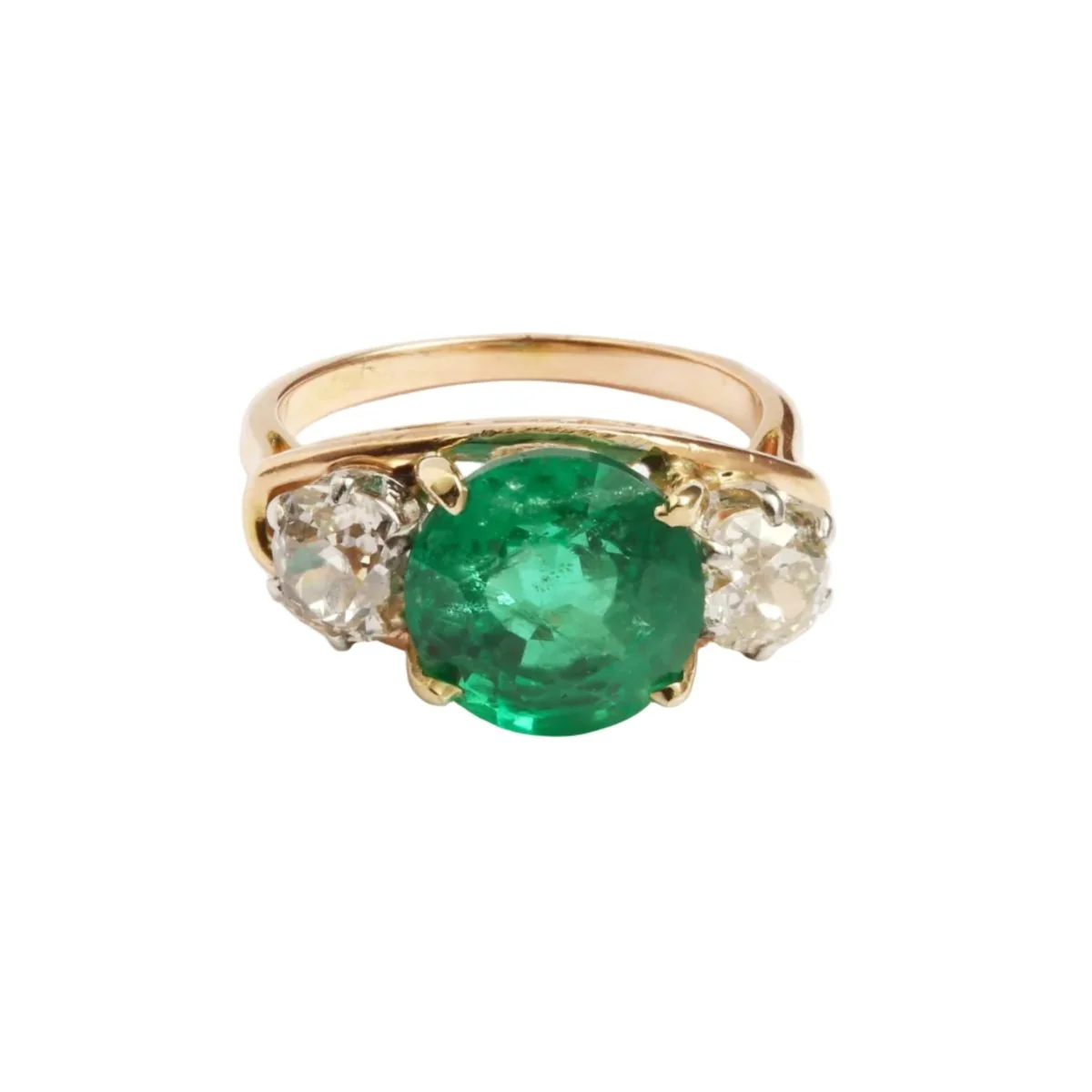 Bague Trilogie en or jaune, platine, émeraude et diamants