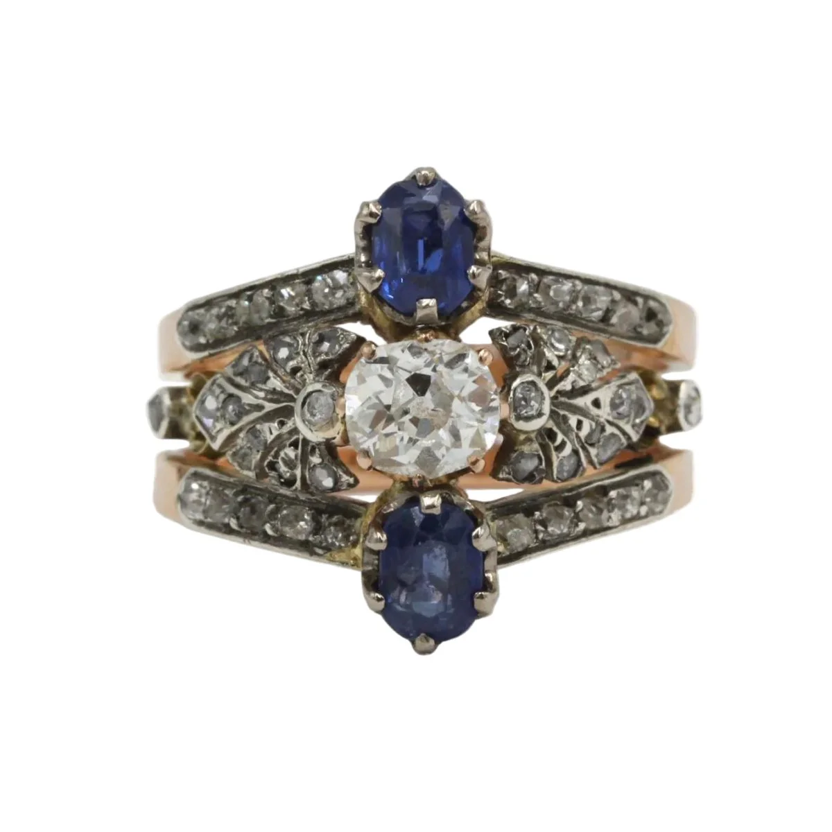 Bague Trilogie en or rose, argent, saphirs et diamants