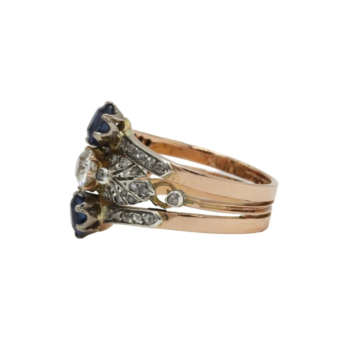 Bague Trilogie en or rose, argent, saphirs et diamants - Image 3