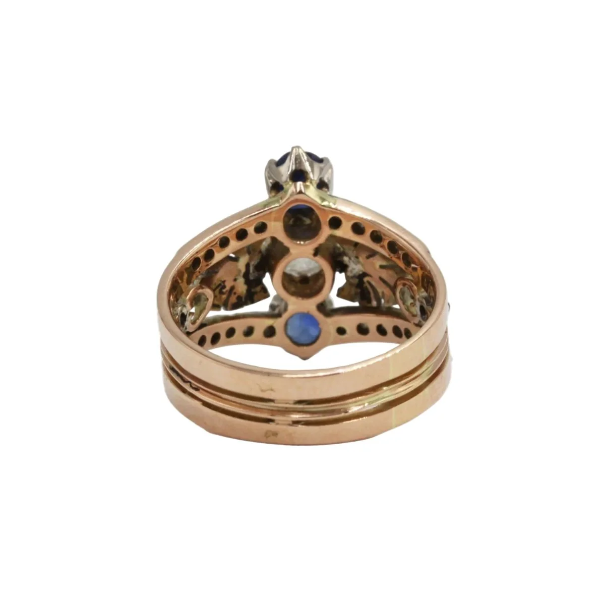 Bague Trilogie en or rose, argent, saphirs et diamants - Image 4
