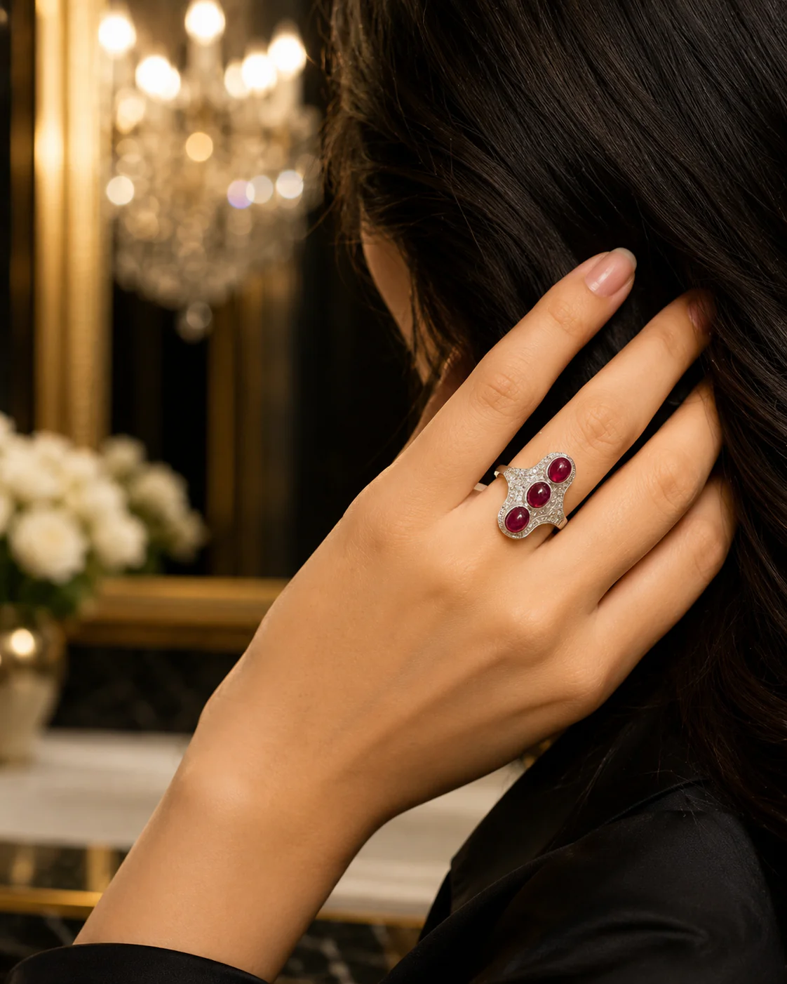Bague Trilogie en platine, rubis et diamants - Image 2