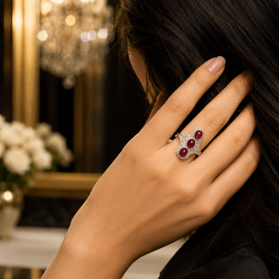 Bague Trilogie en platine, rubis et diamants - Image 5