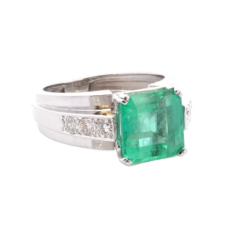 Bague Solitaire en platine, émeraude, et diamants - Image 5