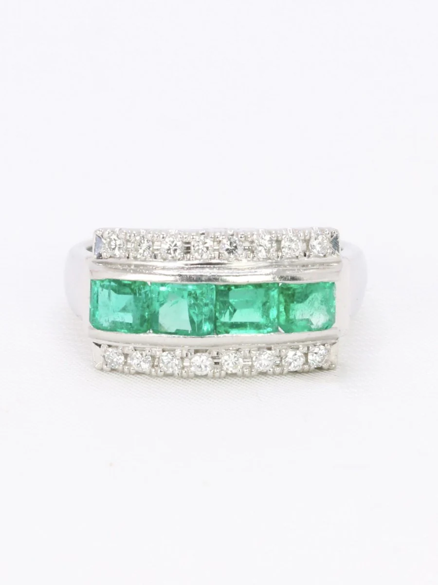 Bague vintage platine émeraudes diamants