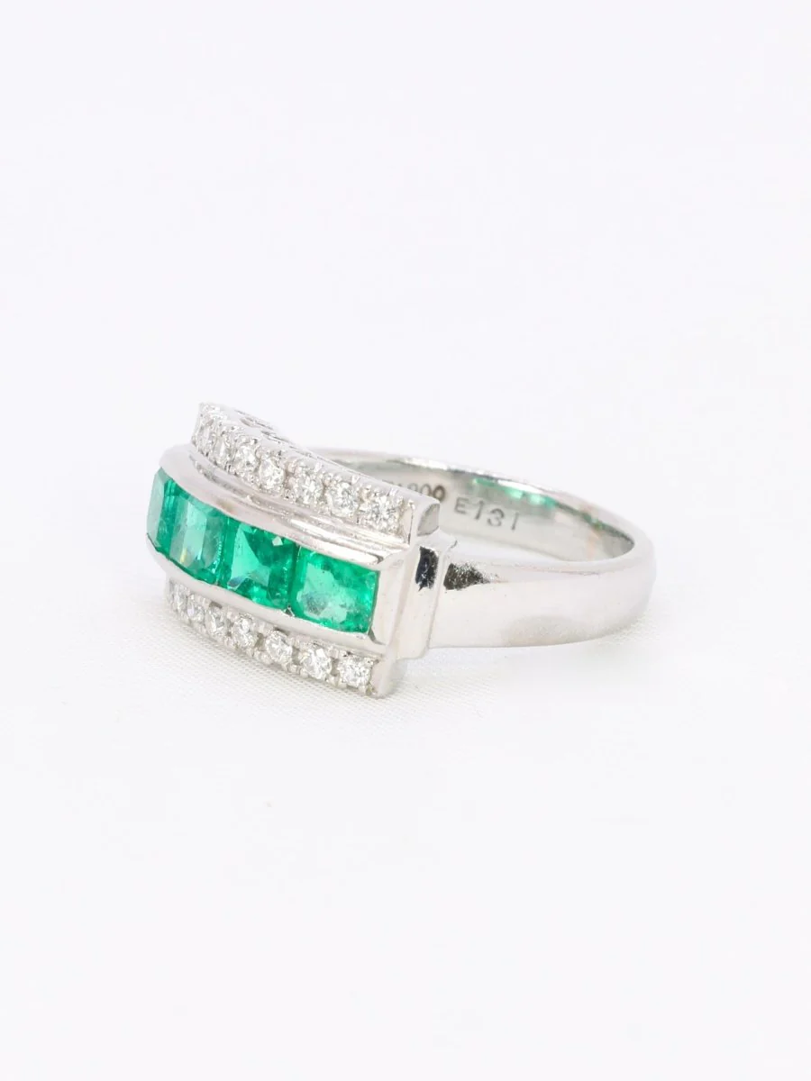Bague vintage platine émeraudes diamants - Image 3