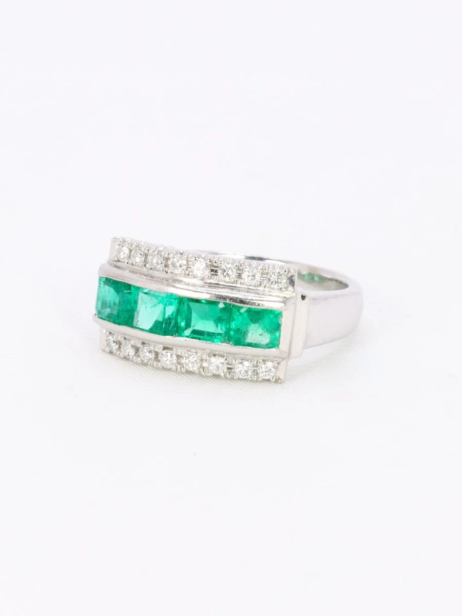 Bague vintage platine émeraudes diamants - Image 4