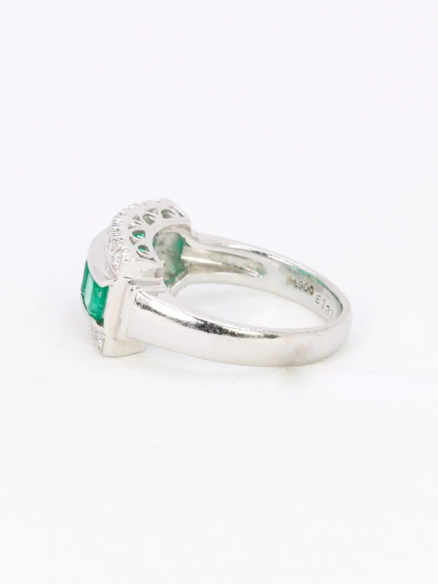 Bague vintage platine émeraudes diamants - Image 5
