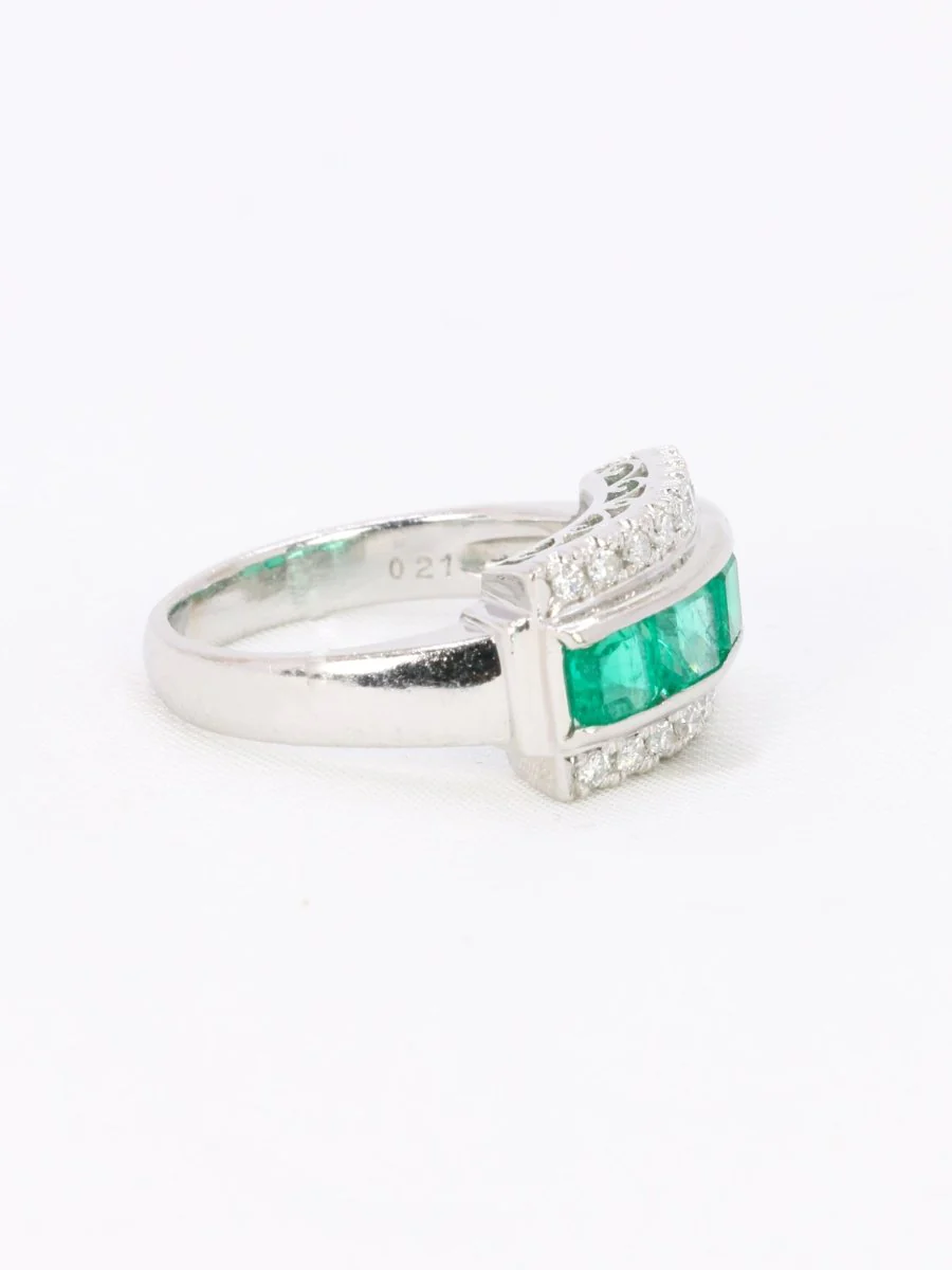 Bague vintage platine émeraudes diamants - Image 6