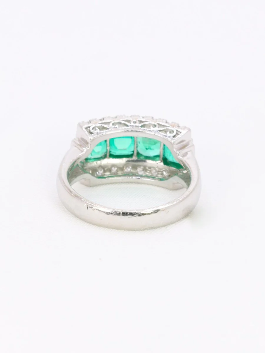 Bague vintage platine émeraudes diamants - Image 7
