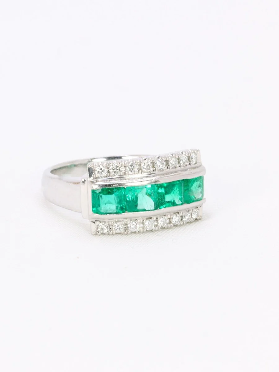 Bague vintage platine émeraudes diamants - Image 8