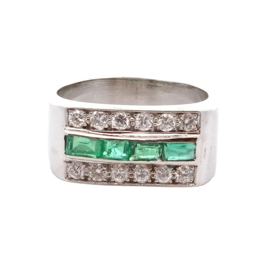 Bague Bandeau en or blanc, émeraudes et diamants
