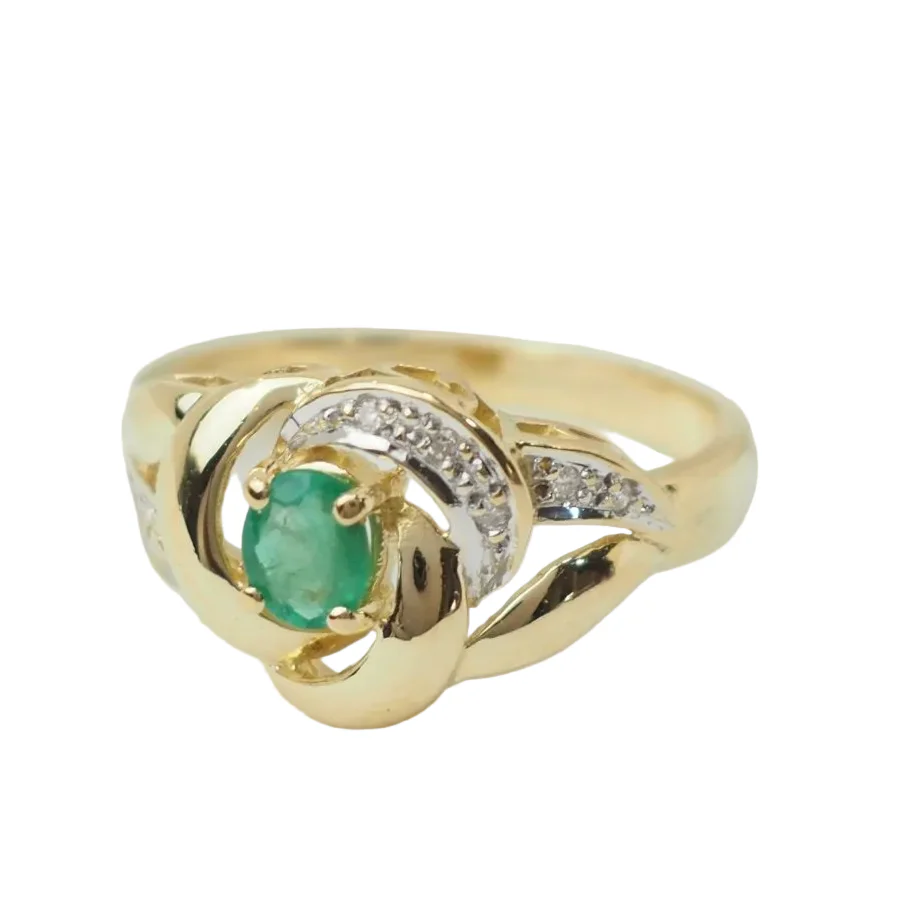Bague Solitaire en or jaune, émeraude et diamants - Image 4