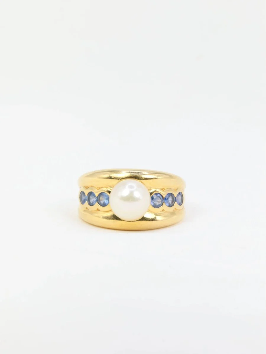 Bague vintage en or jaune, perle et saphirs