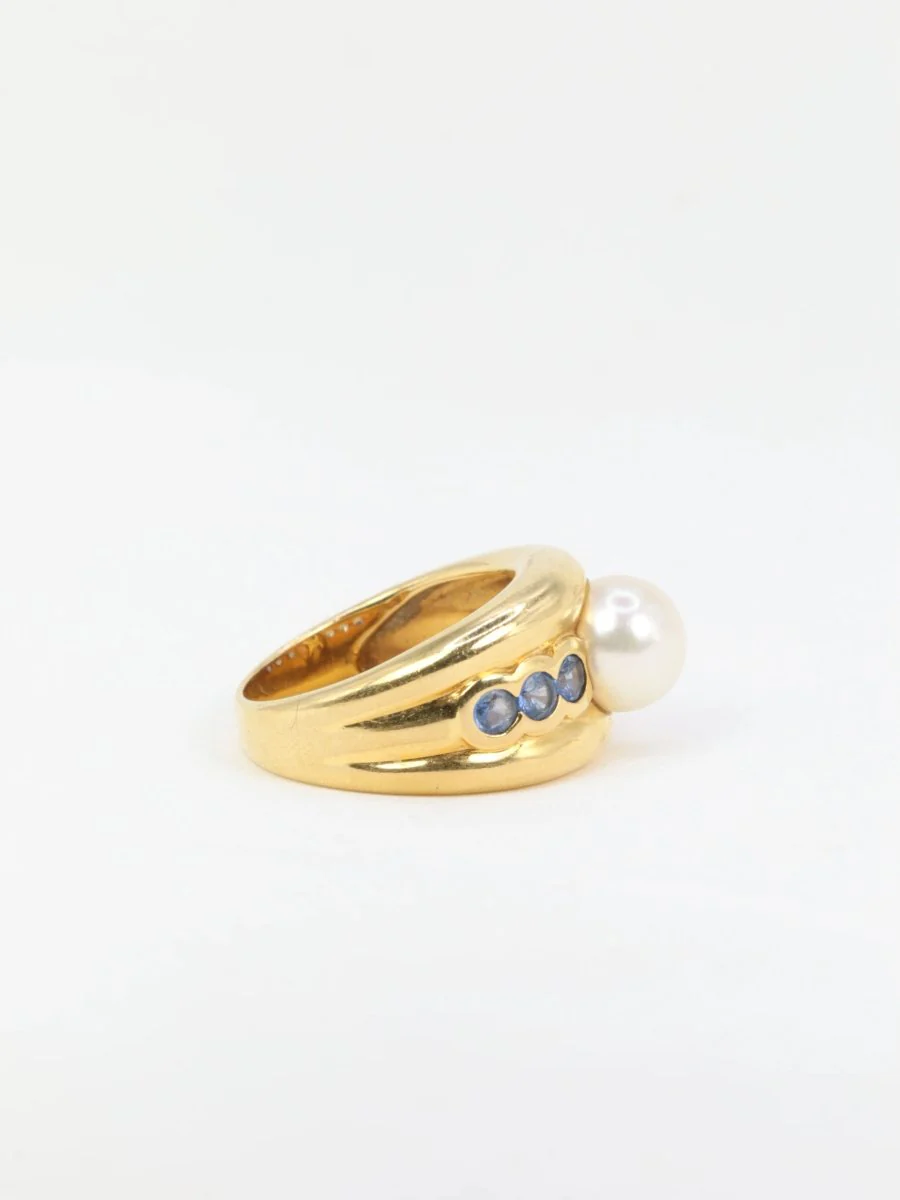 Bague vintage en or jaune, perle et saphirs - Image 4