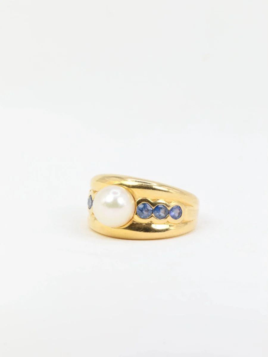 Bague vintage en or jaune, perle et saphirs - Image 7