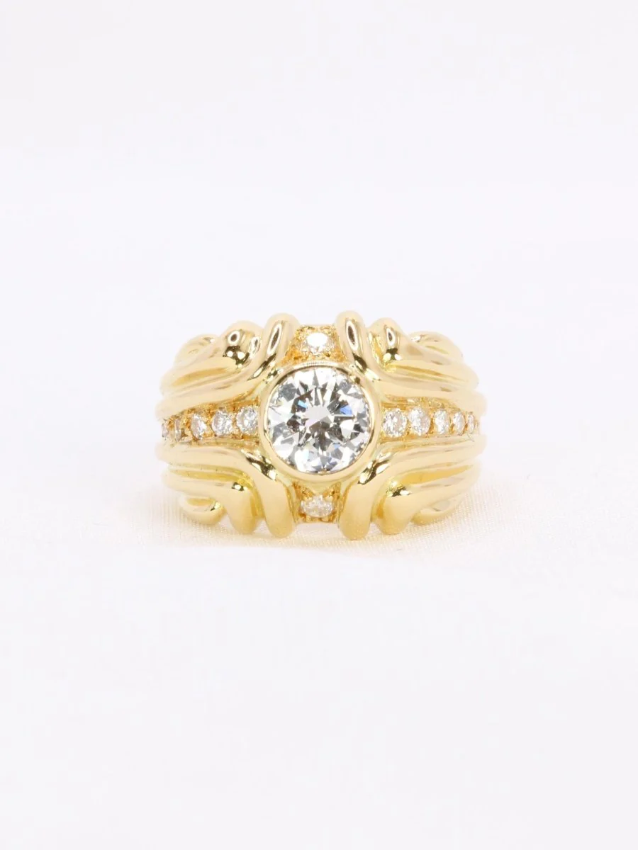 Bague vintage godrons or jaune diamant 0.8 ct