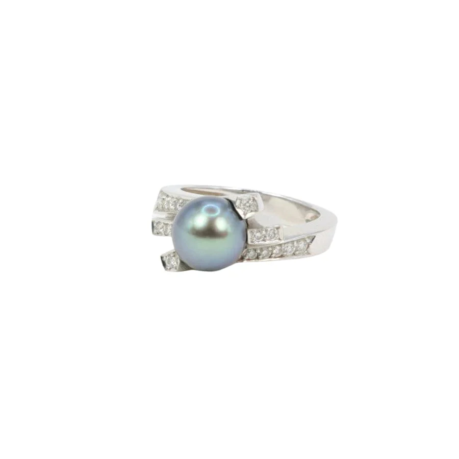 Bague vintage en or blanc, diamants et perle de Tahiti - Image 7