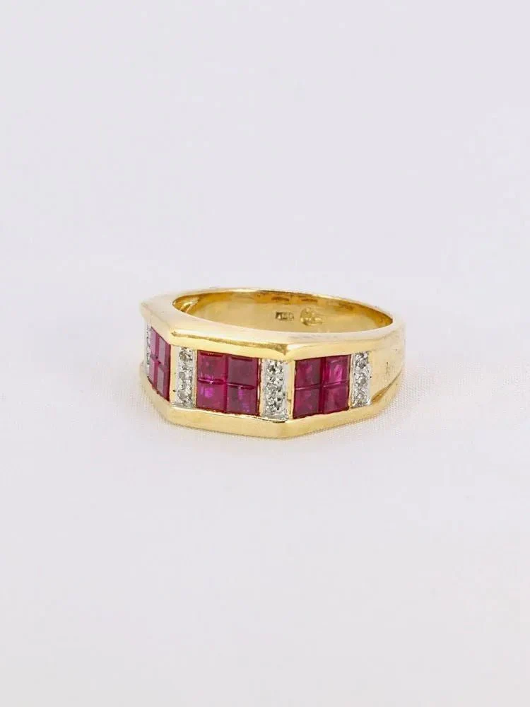 Bague vintage or jaune rubis calibrés diamants - Image 3