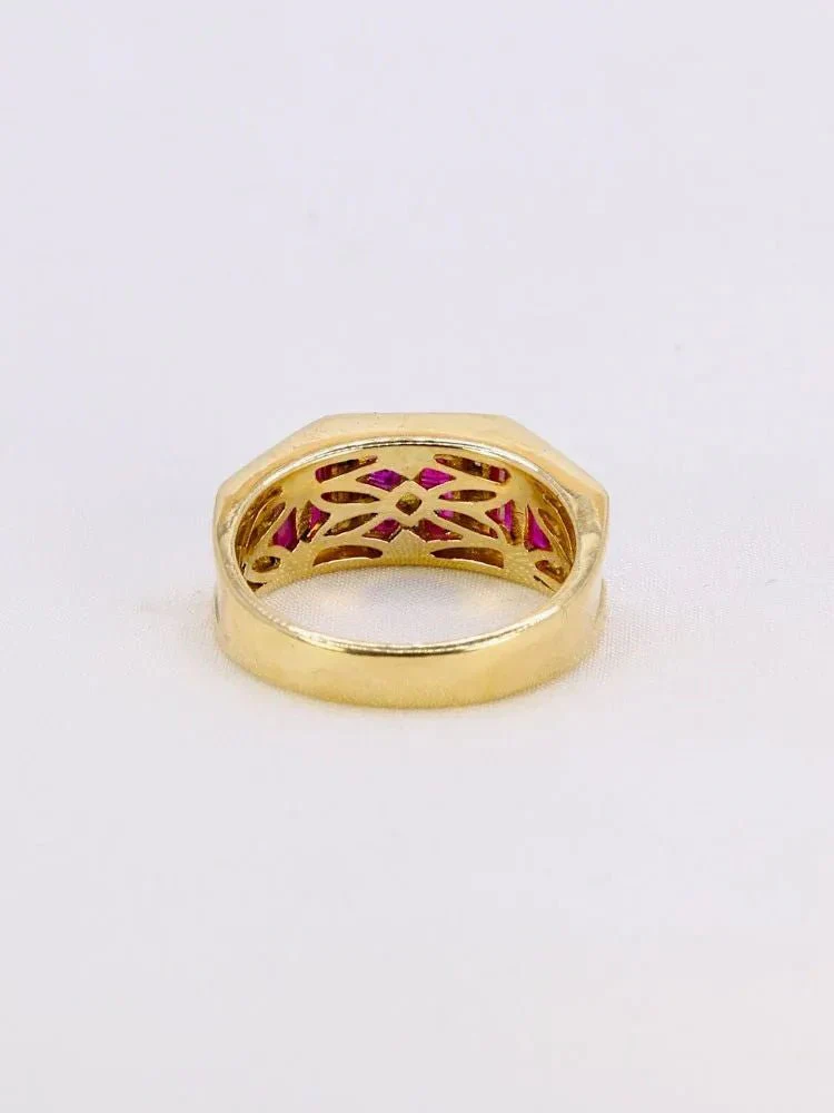 Bague vintage or jaune rubis calibrés diamants - Image 6