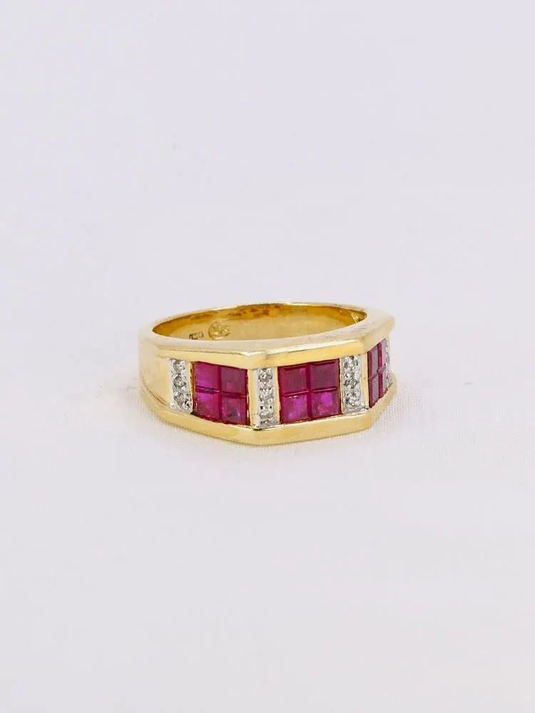 Bague vintage or jaune rubis calibrés diamants - Image 8