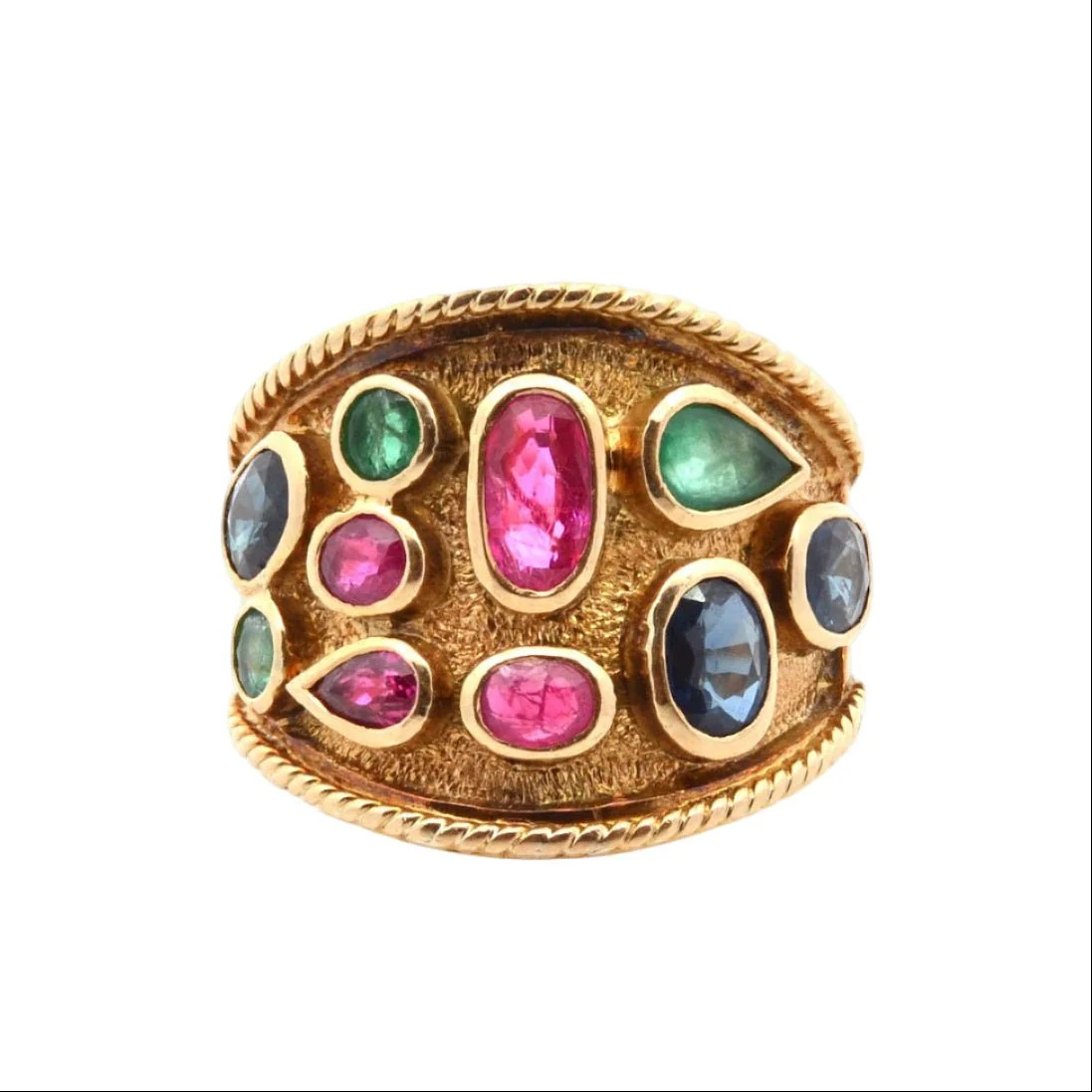 Bague Cocktail en or jaune, saphirs, rubis, et émeraudes