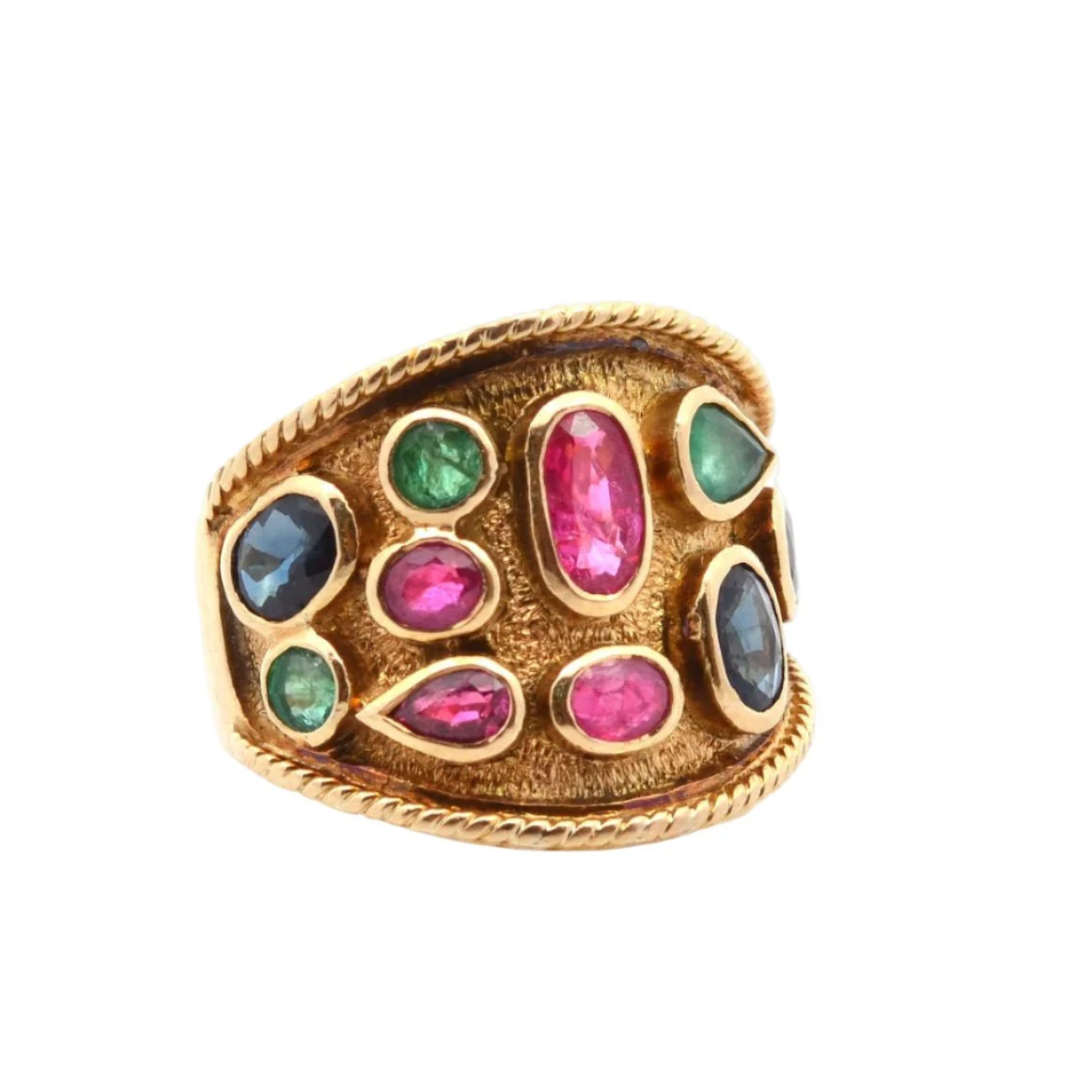 Bague Cocktail en or jaune, saphirs, rubis, et émeraudes - Image 5