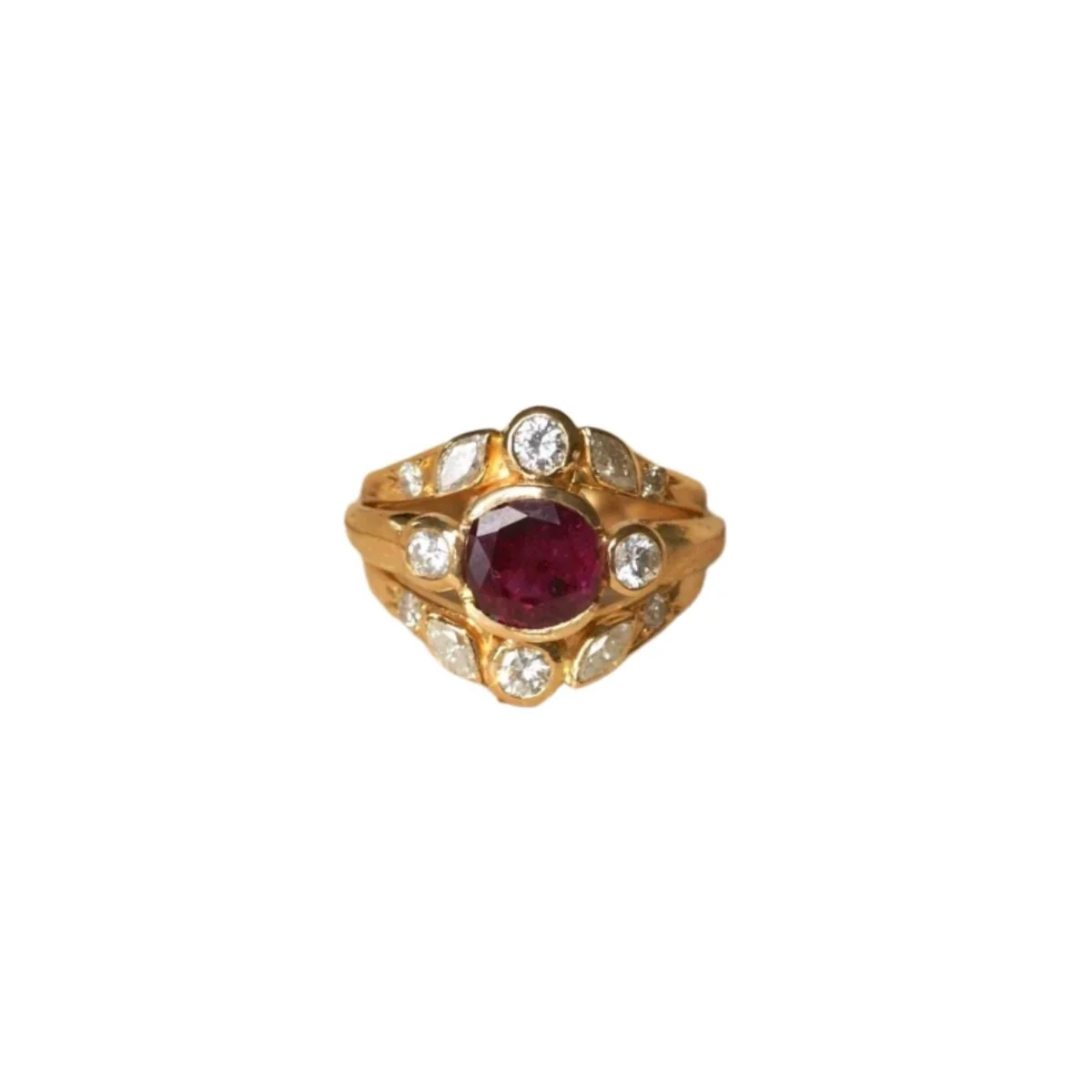 Bague Vintage Dôme triple anneaux en or jaune rubis et diamants - Image 5