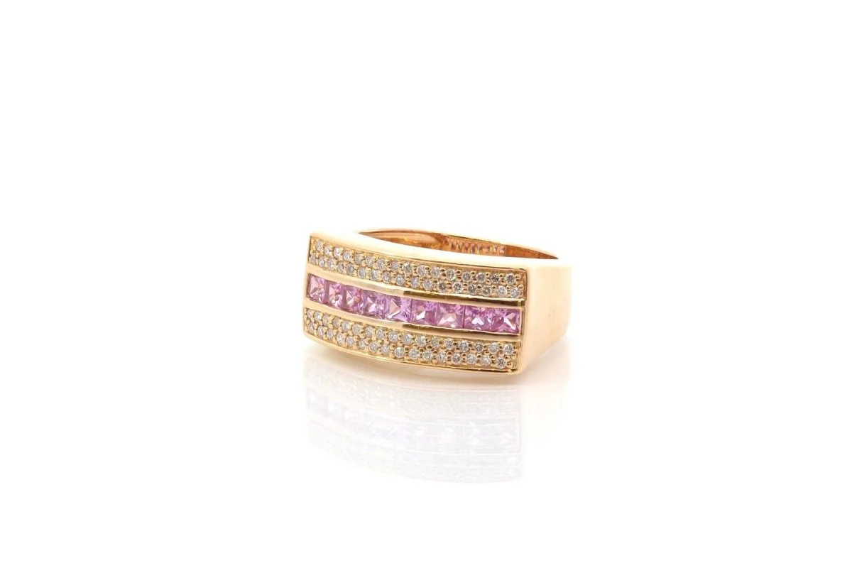Bague vintage saphirs roses et diamants en or - Image 4