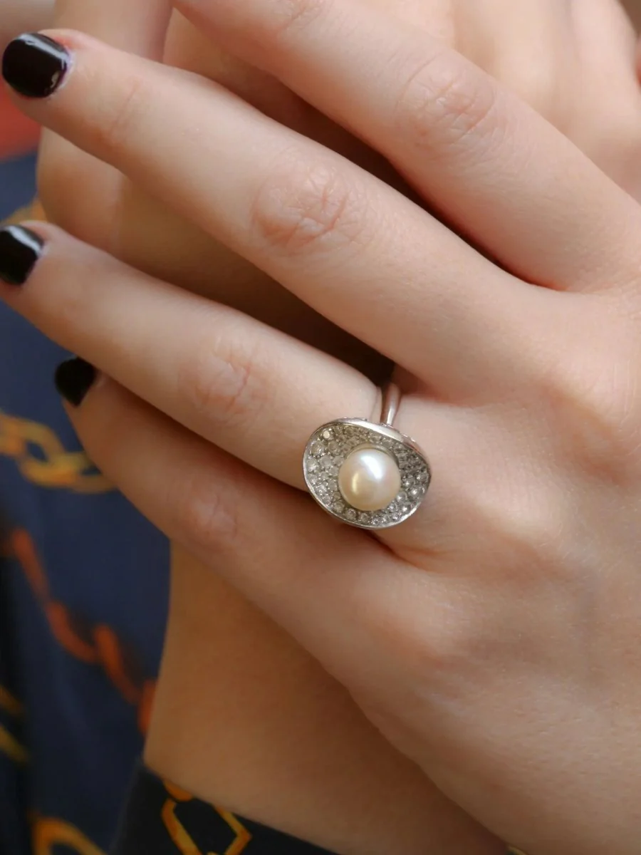 Bagueen or blanc, perle akoya et diamants - Image 2