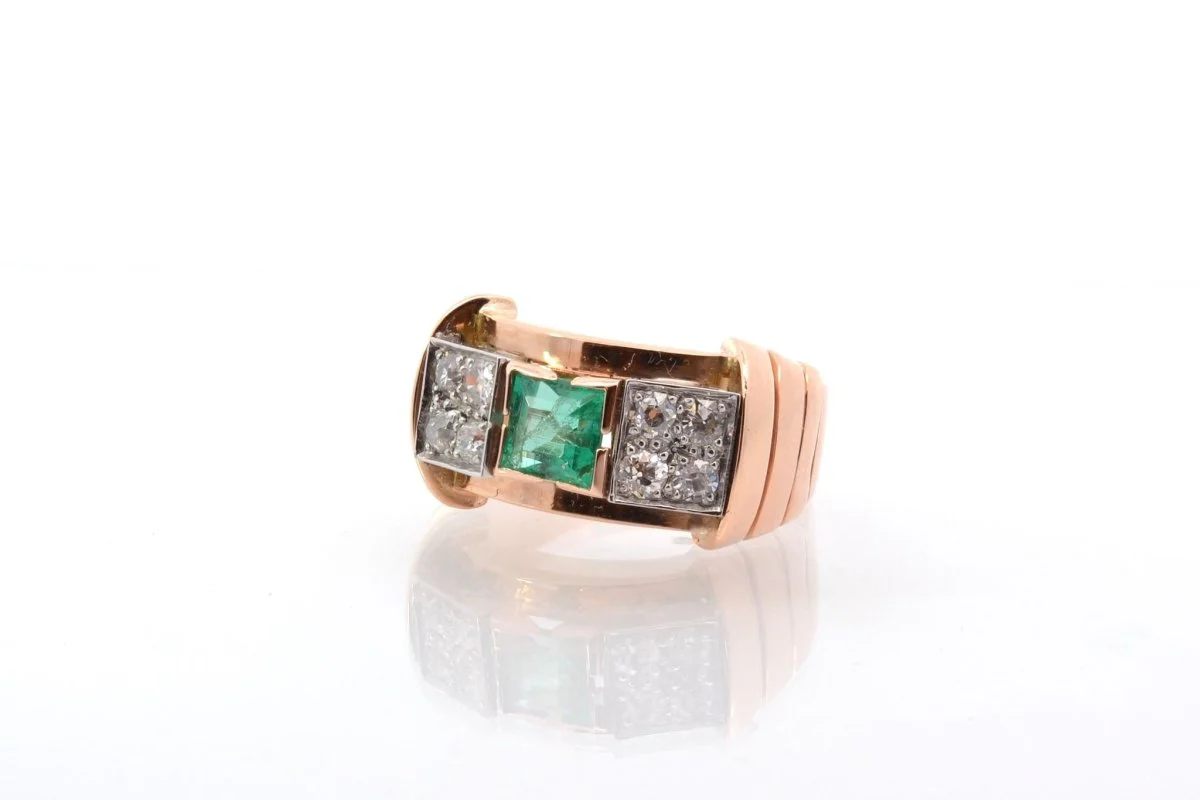 Bague vintage tank émeraude et diamants