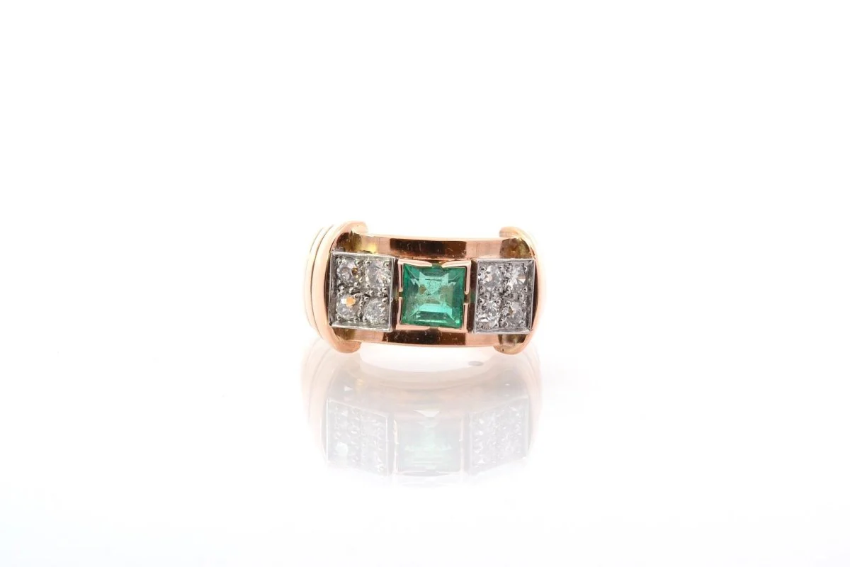 Bague vintage tank émeraude et diamants - Image 2