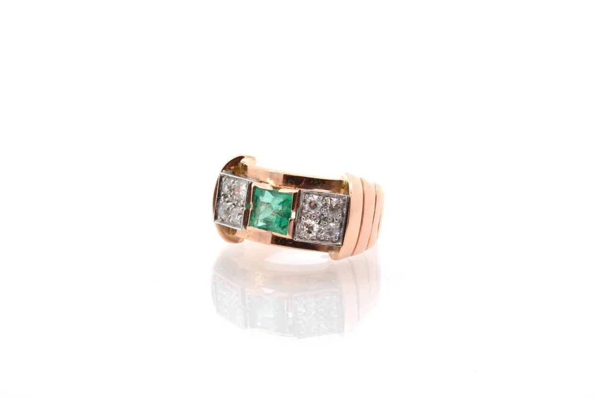 Bague vintage tank émeraude et diamants - Image 3