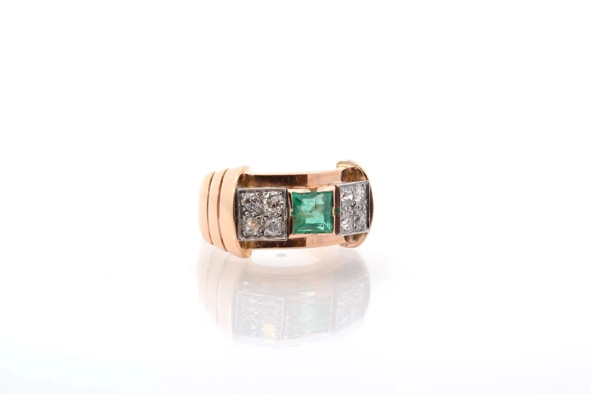 Bague vintage tank émeraude et diamants - Image 4