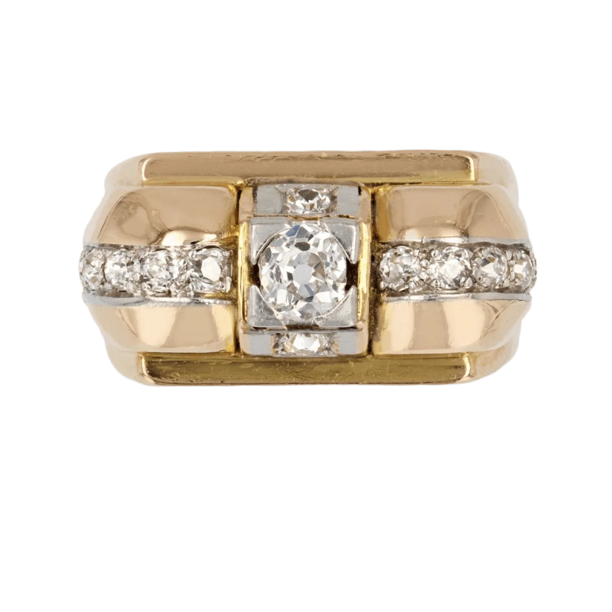 Bague Tank en or jaune, platine et diamants