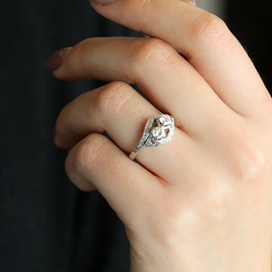 Bague vintage toi et moi or blanc diamants - Image 2