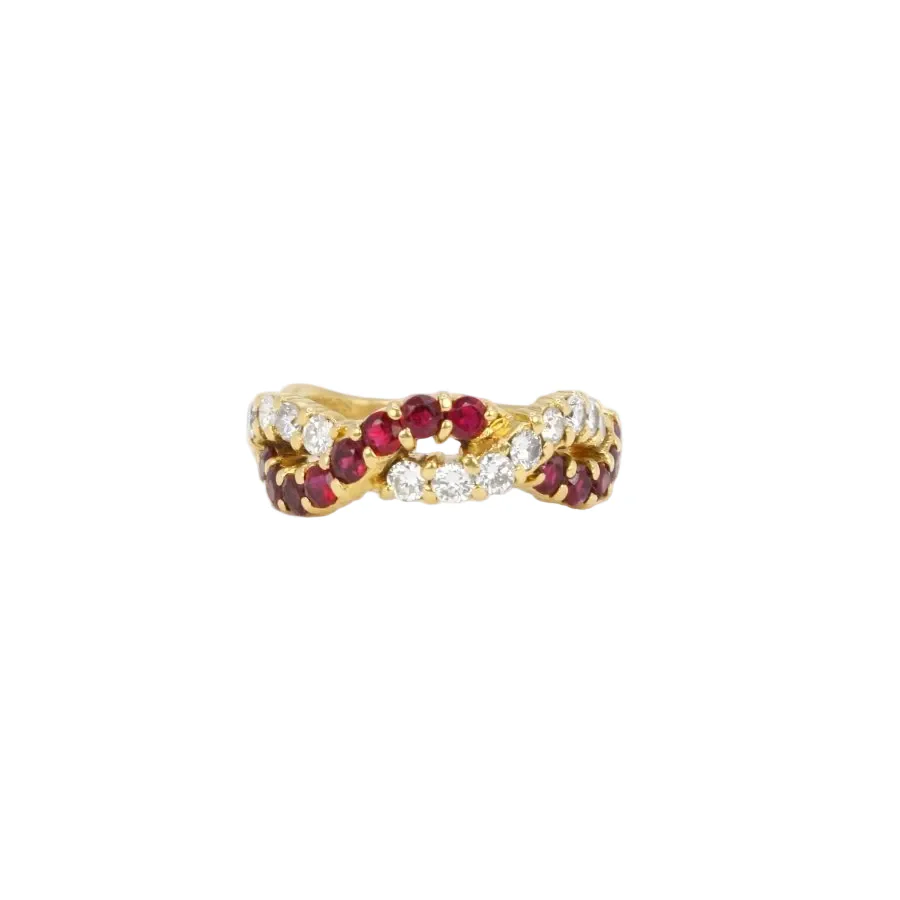 Bague vintage torsadée or jaune diamants rubis