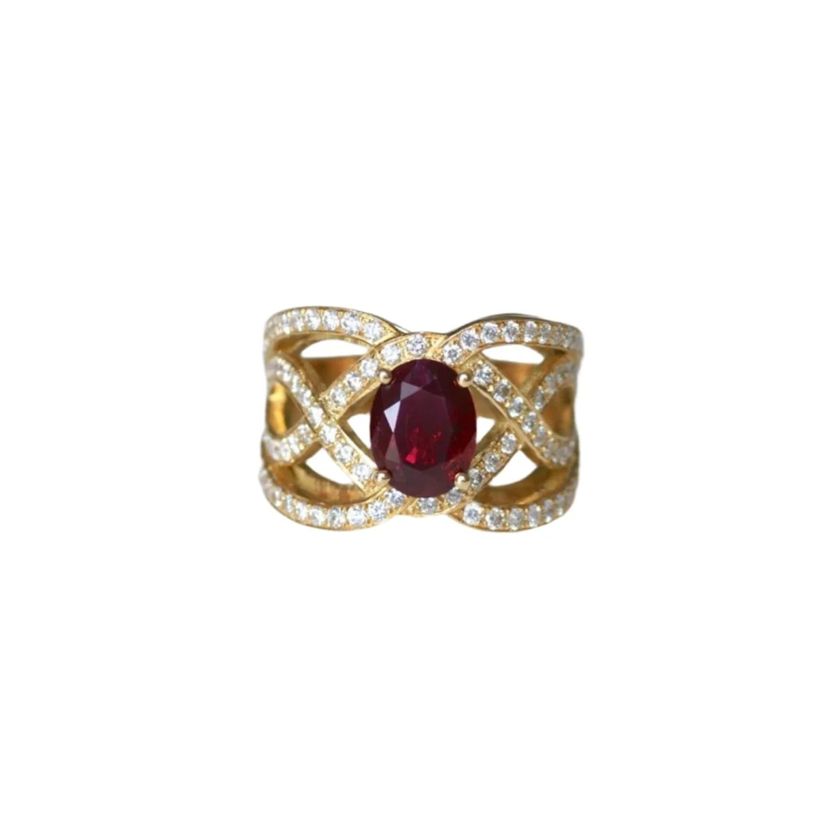 Bague Bandeau en or jaune, rubis et diamants