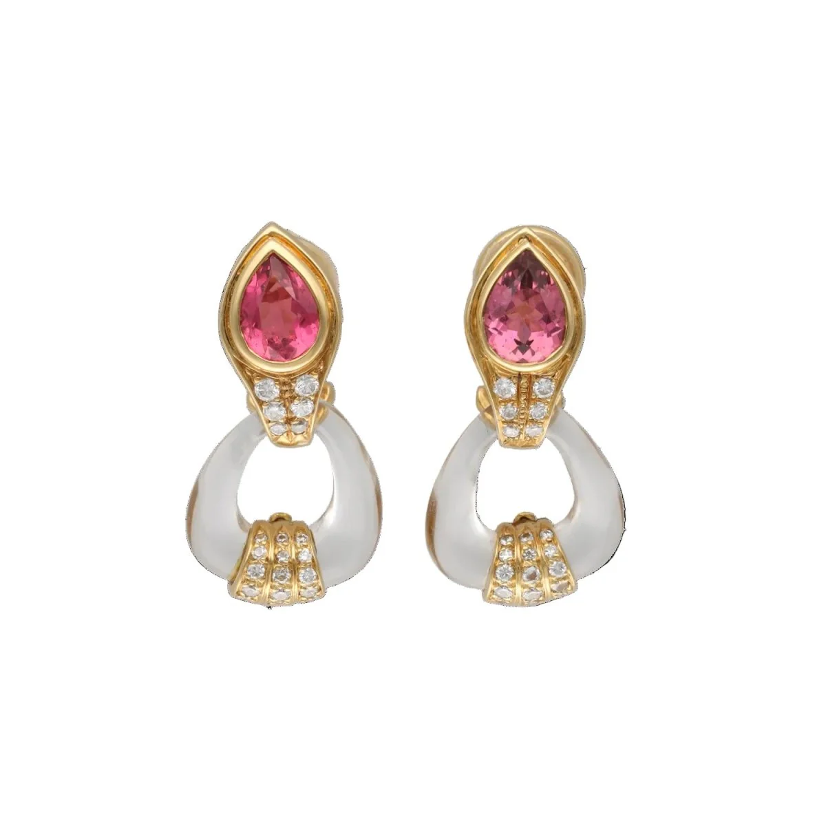 Boucles d'oreilles Clips en or jaune, tourmalines, cristal et diamants