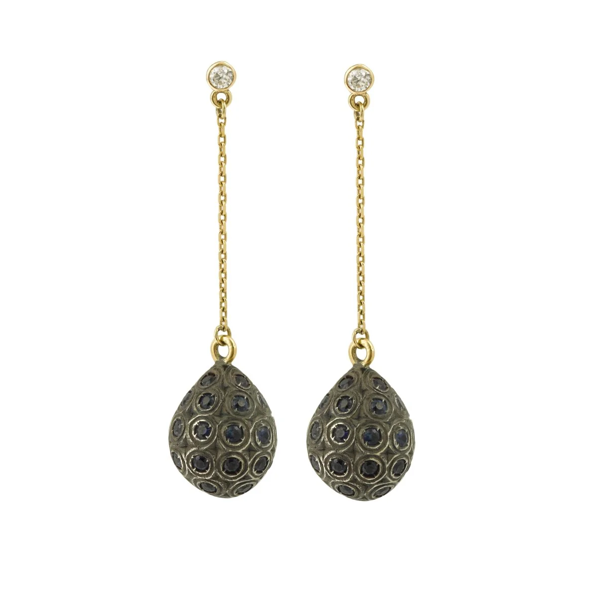 Boucles d’Oreilles Gouttes pavées Saphirs Diamants Or 18 Carats