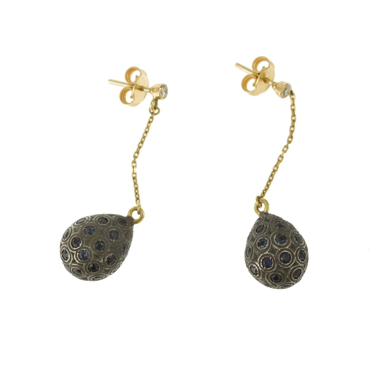 Boucles d’Oreilles Gouttes pavées Saphirs Diamants Or 18 Carats - Image 2