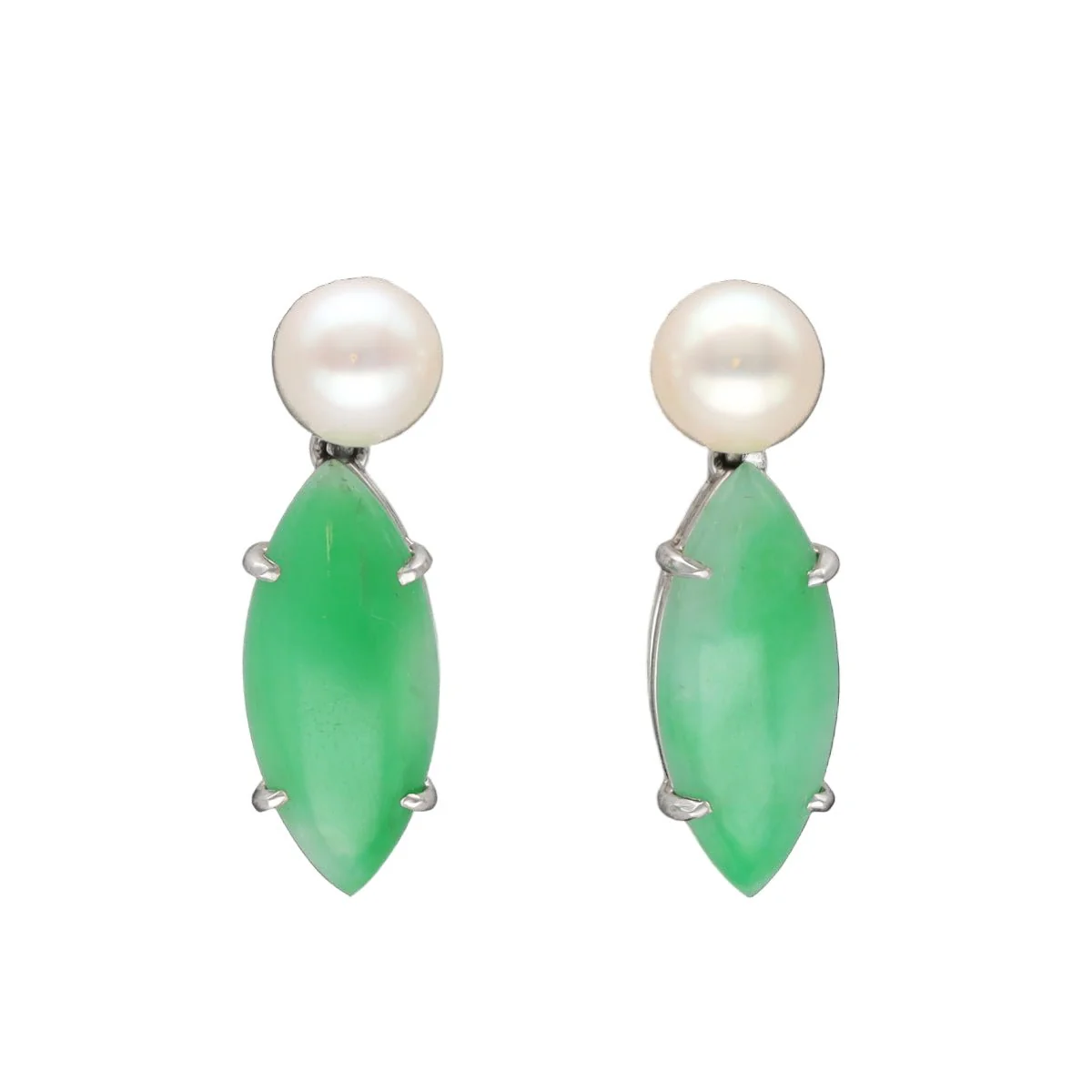 Boucles d'oreilles Clous en or blanc, jade et perles