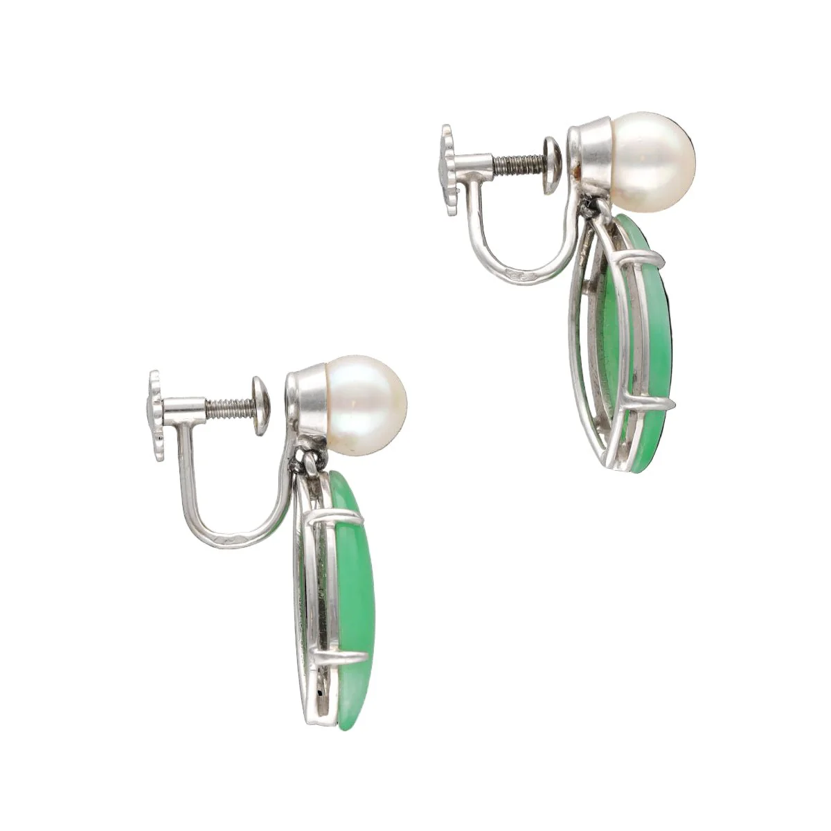 Boucles d'oreilles Clous en or blanc, jade et perles - Image 2