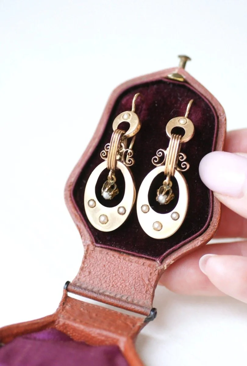 Boucles d'oreilles Napoléon III, or rose et perles