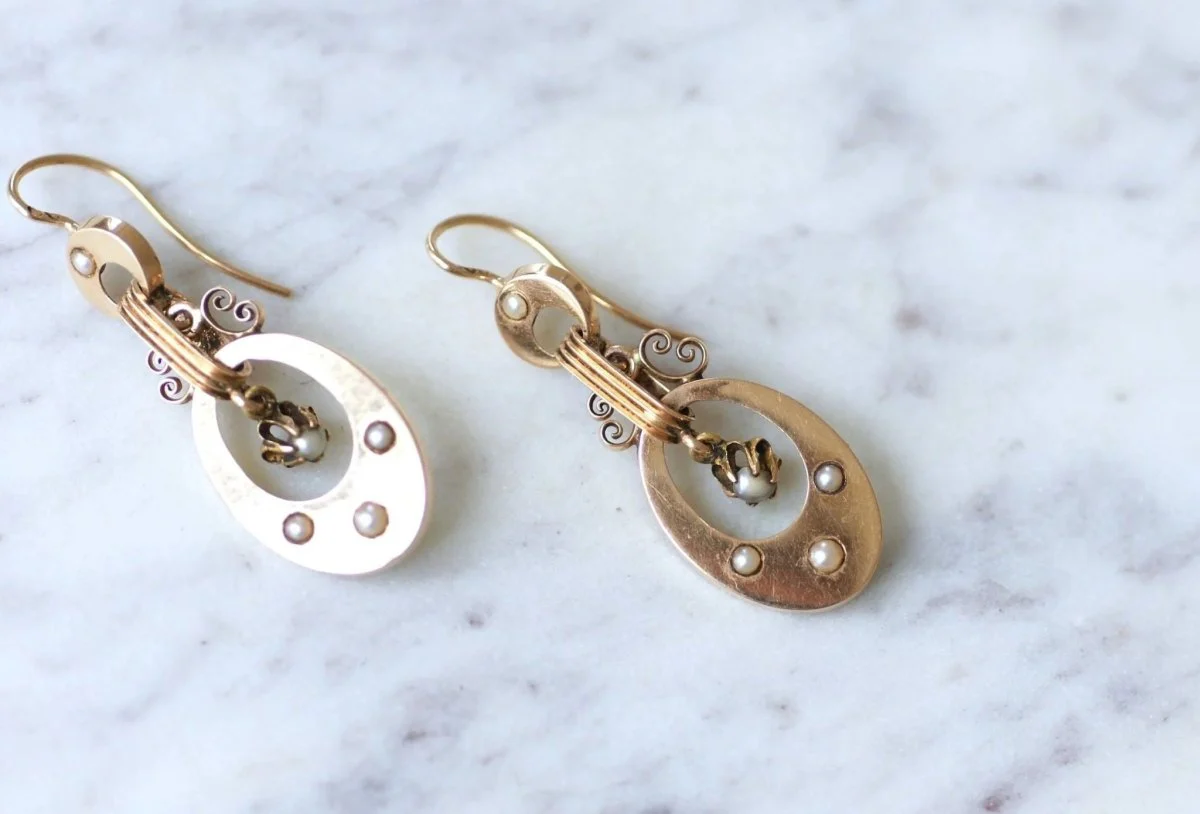 Boucles d'oreilles Napoléon III, or rose et perles - Image 3