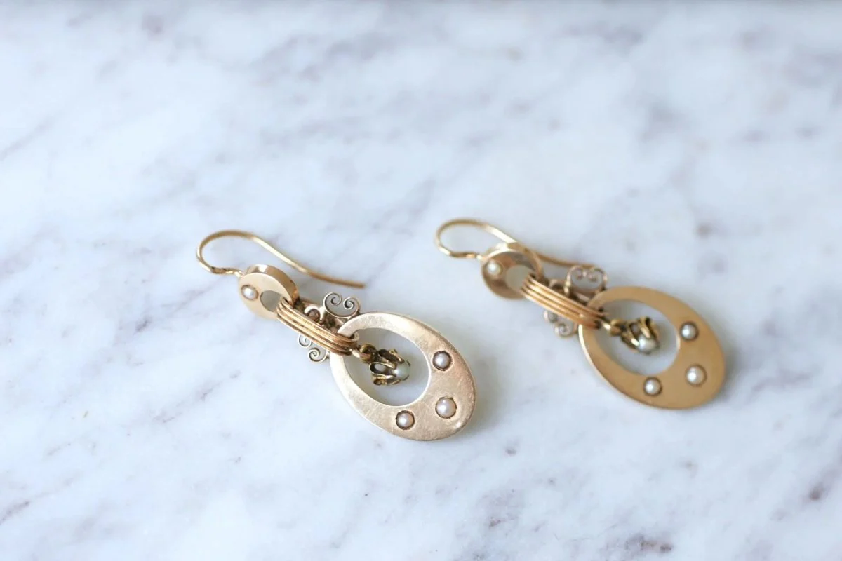 Boucles d'oreilles Napoléon III, or rose et perles - Image 7