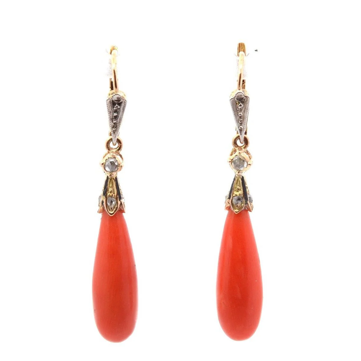 Boucles d'oreilles Pendantes en or jaune, corail et diamants