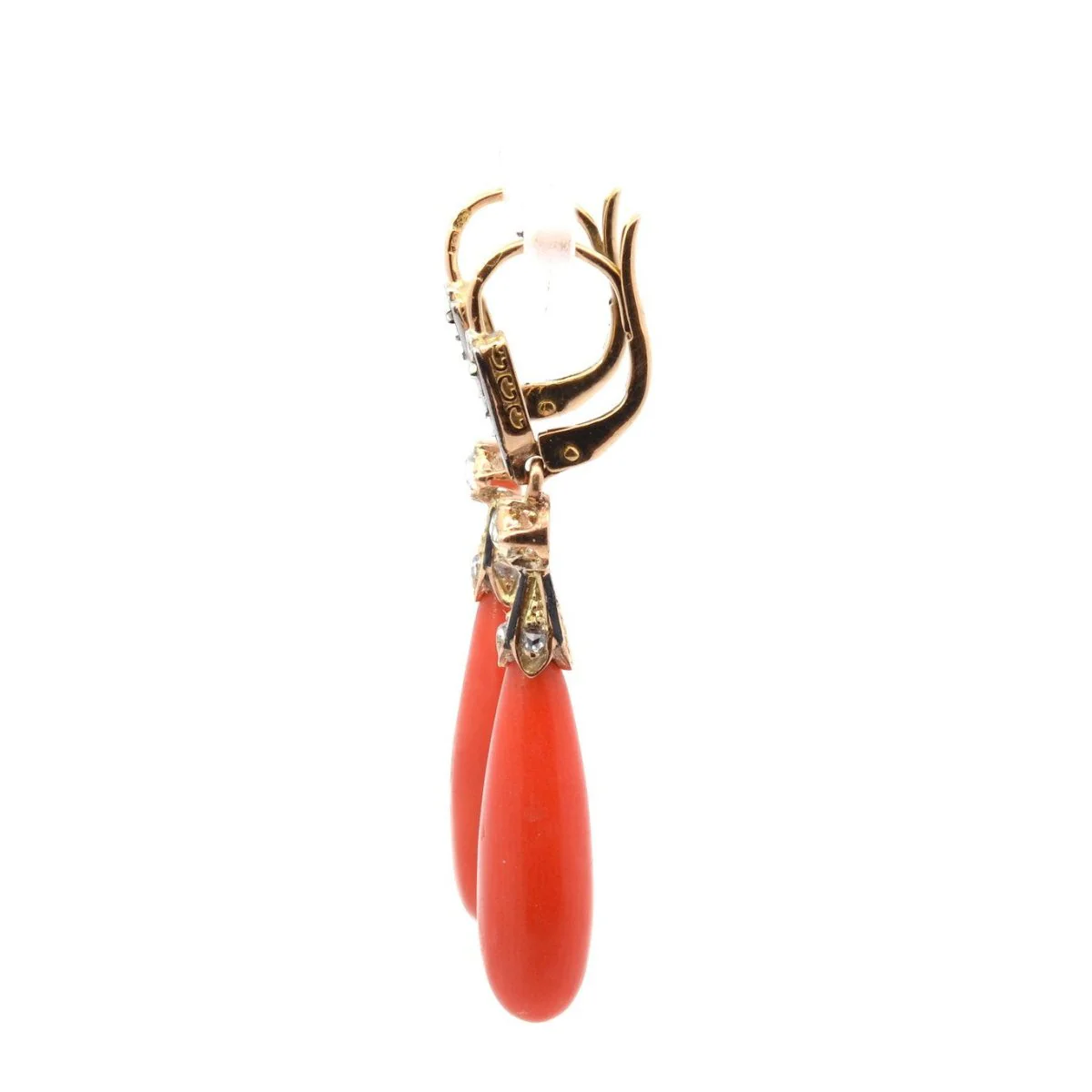 Boucles d'oreilles Pendantes en or jaune, corail et diamants - Image 3