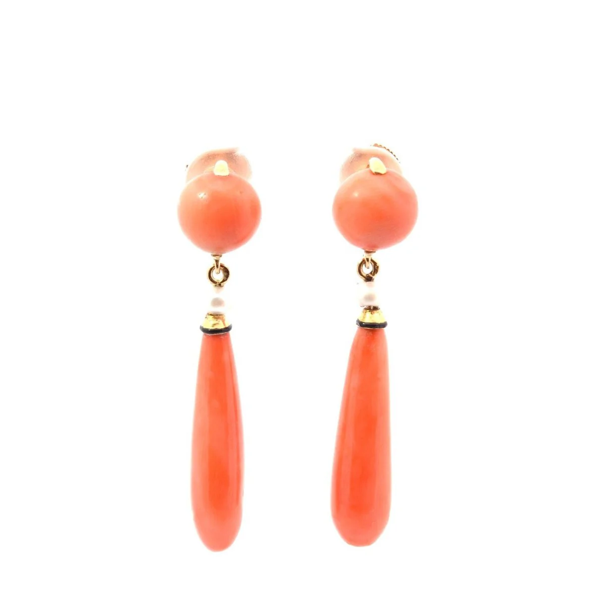 Boucles d'oreilles Pendantes en or jaune, corail et perles