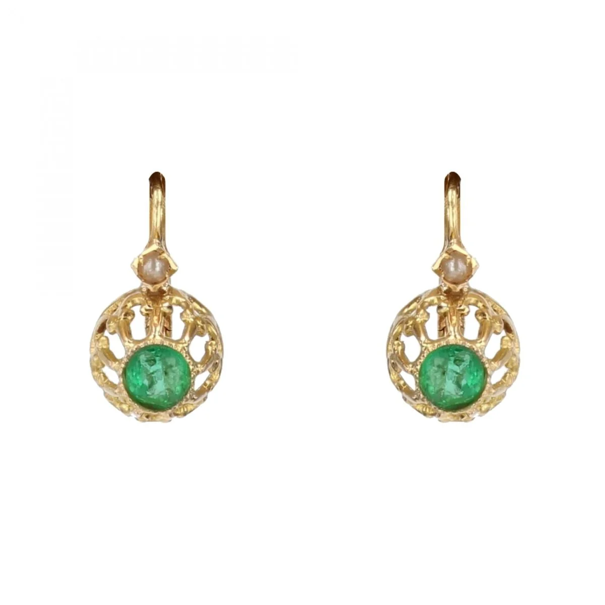 Boucles d'oreilles Dormeuses en or jaune, émeraudes et perles