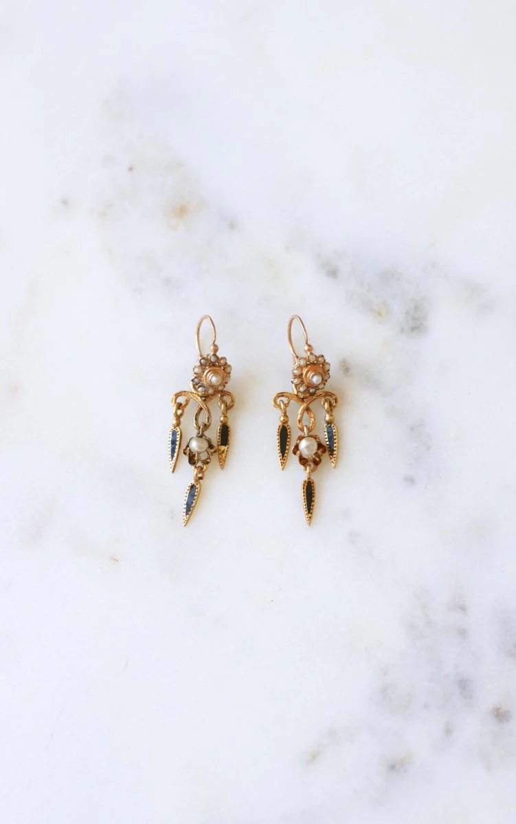 Boucles d'Oreilles Anciennes Pendantes Email et Perles - Image 4